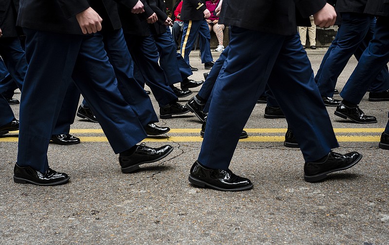 JROTC cadets march in the annual Armed Forces Day Parade on Market Street on Friday, May 5, 2017, in Chattanooga, Tenn. This year's parade highlighted the United States Air Force.