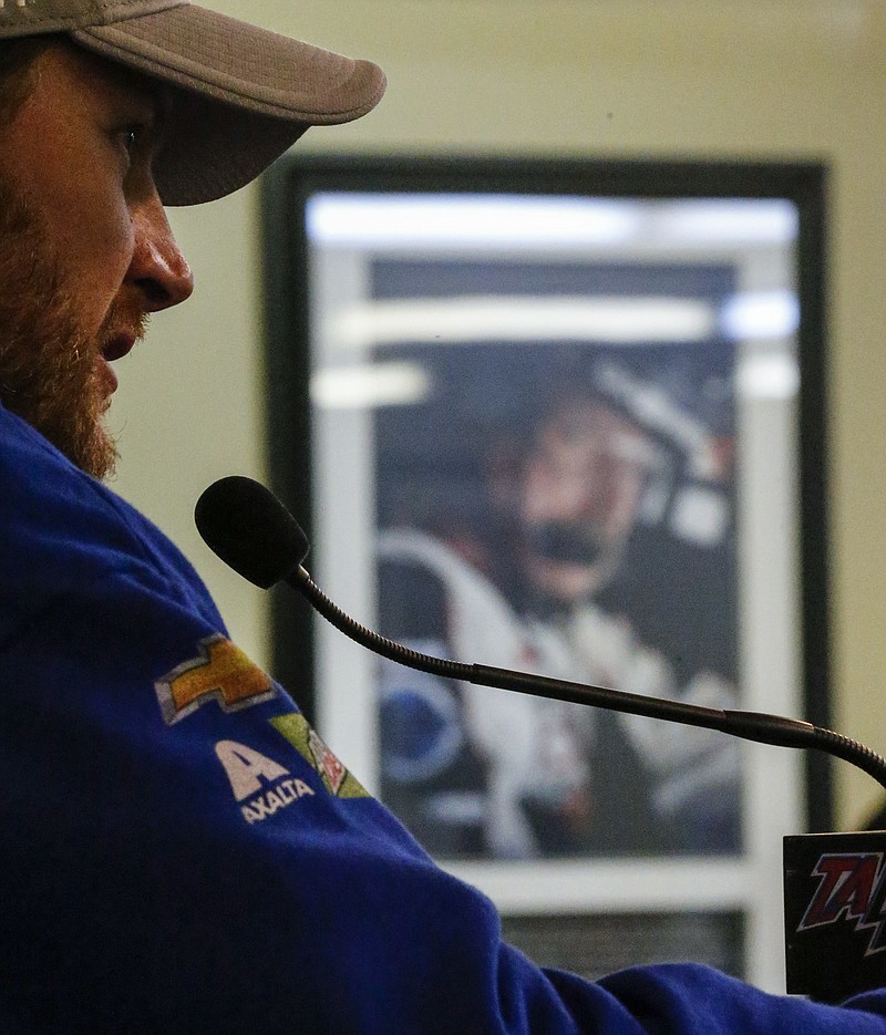 
              Dale Earnhardt Jr. speaks at a news conference at Talladega Superspeedway, Friday, May 5, 2017, in Talladega, Ala. (AP Photo/Butch Dill)
            