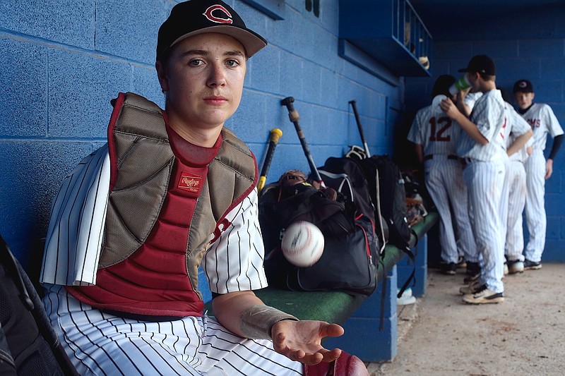 
              In this Wednesday, April 19, 2017 photo, eighth-grader Luke Terry the catcher for the Cornersville Middle School baseball team poses for a photo in Lewisburg, Tenn. Luke had his right arm amputated at 19 months. He had contracted E. coli and it eventually attacked the arm. (Helen Comer/The Daily News Journal via AP)
            