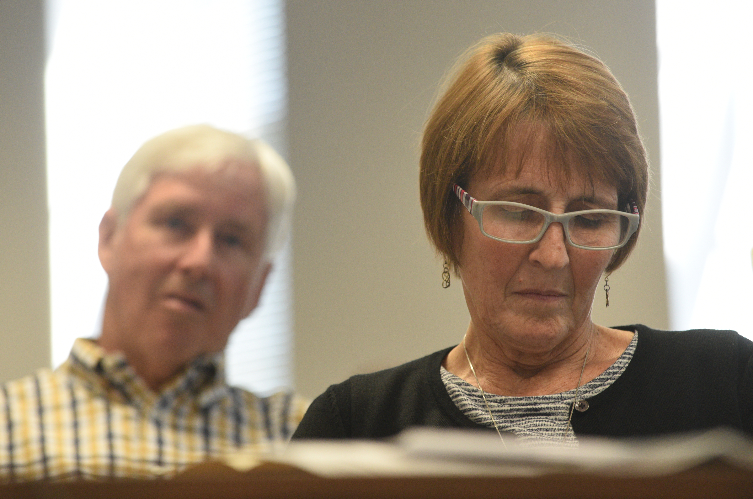School board members Kathy Lennon, right, and Joe Galloway listen as superintendent candidate Stuart Greenberg speaks Monday, May 8, 2017 in the superintendent's conference room.