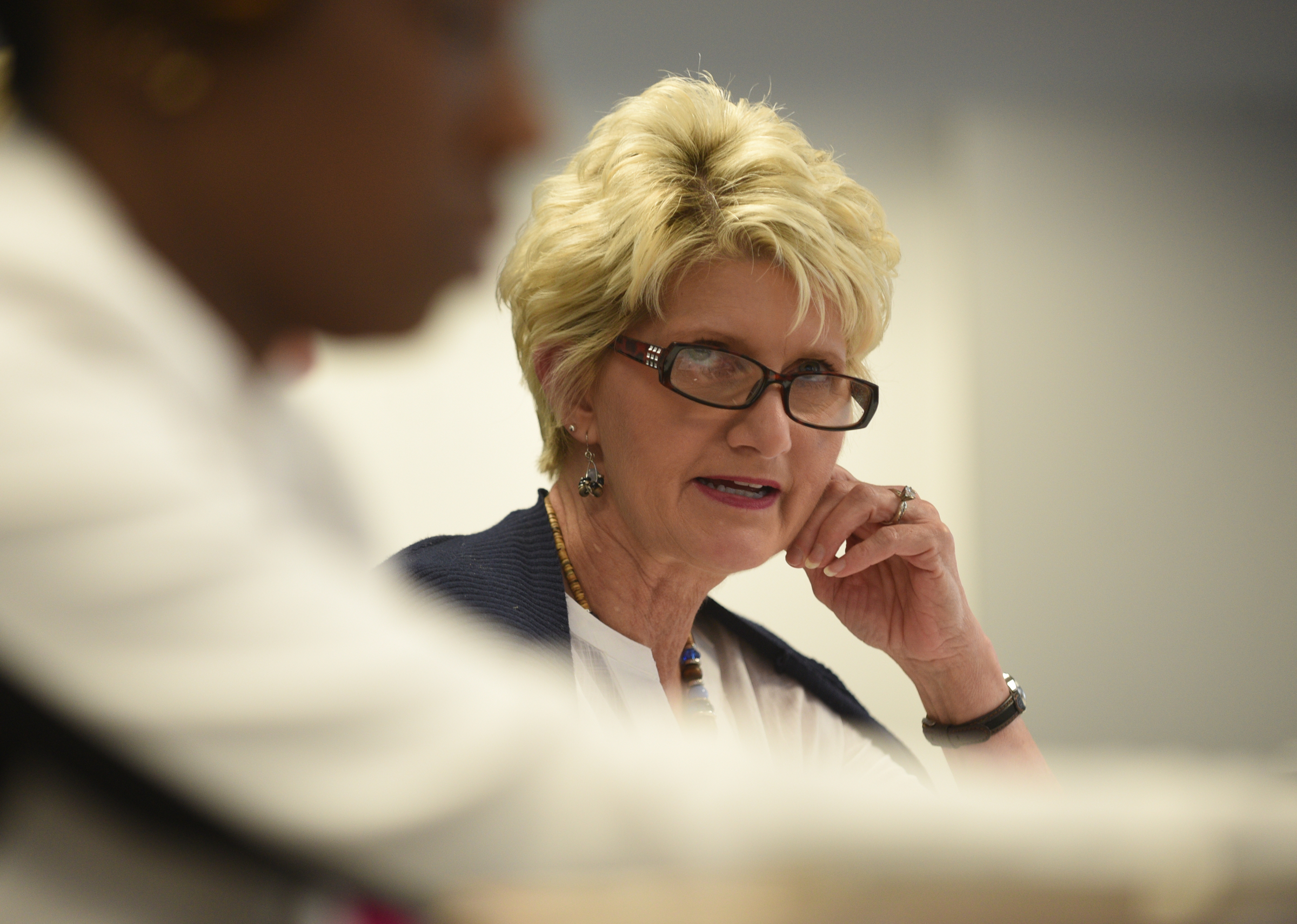 School board member Rhonda Thurman asks superintendent candidate Stuart Greenberg a question Monday, May 8, 2017 in the superintendent's conference room.