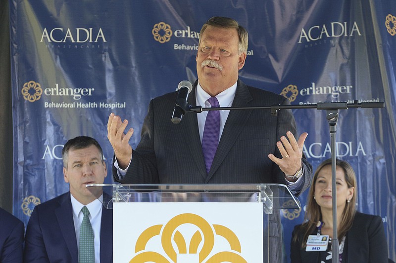 Hamilton County Mayor Jim Coppinger speaks during a groundbreaking ceremony on May 8, 2017, for the Erlanger Behavioral Health Hospital to be built off of North Holtzclaw Ave.