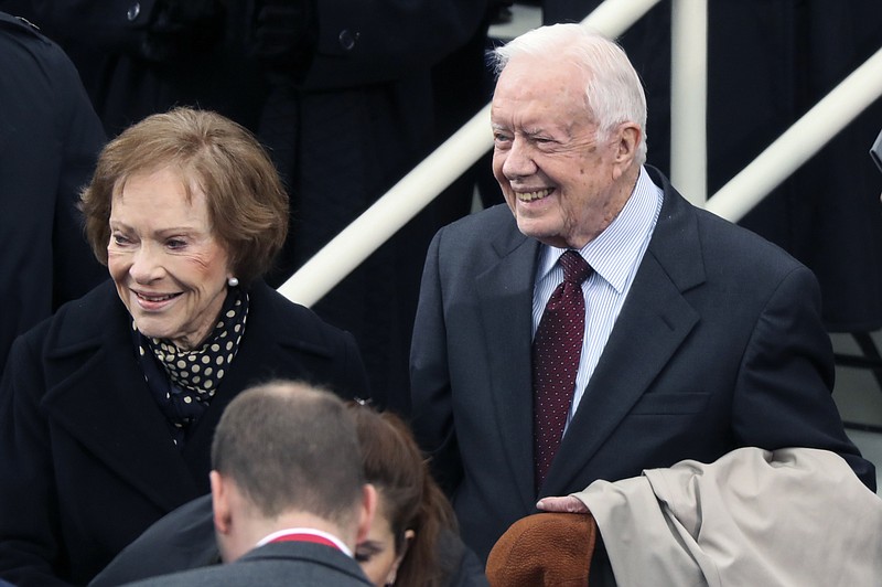 
              FILE - In a Friday, Jan. 20, 2017 file photo, former president Jimmy Carter and Rosalynn Carter arrive during the 58th Presidential Inauguration at the U.S. Capitol in Washington. Carter said Tuesday, May 9, 2017, that he's concerned that the Trump administration's approach to foreign policy will hasten declining support for human rights in other countries.  (AP Photo/Andrew Harnik, File)
            