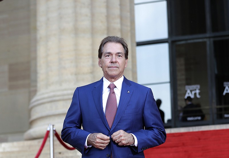 Alabama coach Nick Saban arrives for the first round of the 2017 NFL football draft, Thursday, April 27, 2017, in Philadelphia. (AP Photo/Julio Cortez)