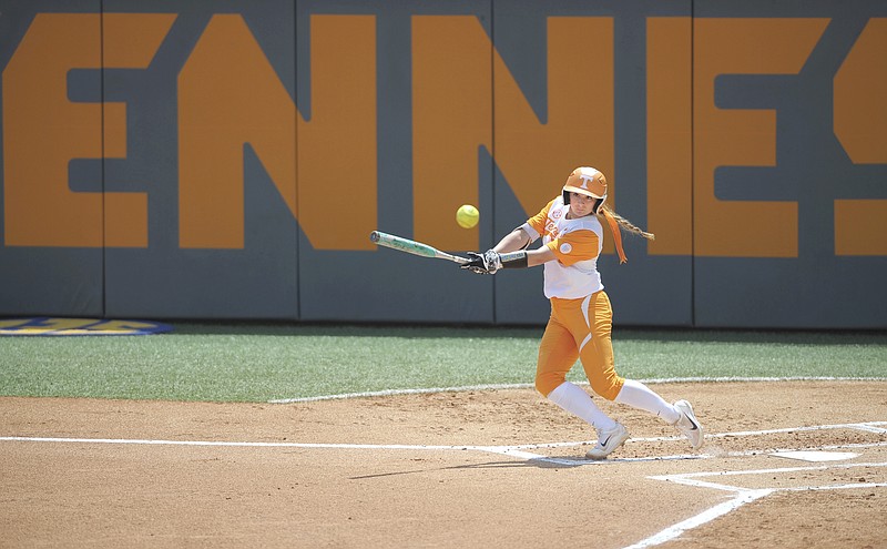 Tennessee's Aubrey Leach follows through on a line drive during a home game against Florida last month. The Vols begin play in the SEC tournament today in Knoxville.