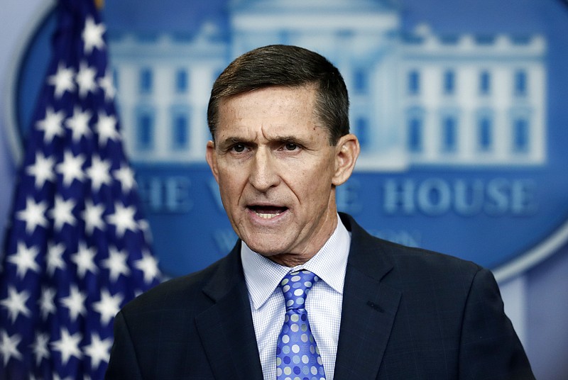 In this Feb. 1, 2017, file photo, then-National Security Adviser Michael Flynn speaks during the daily news briefing at the White House, in Washington. Flynn resigned as President Donald Trump's national security adviser on Feb. 13, 2017. (AP Photo/Carolyn Kaster, File)