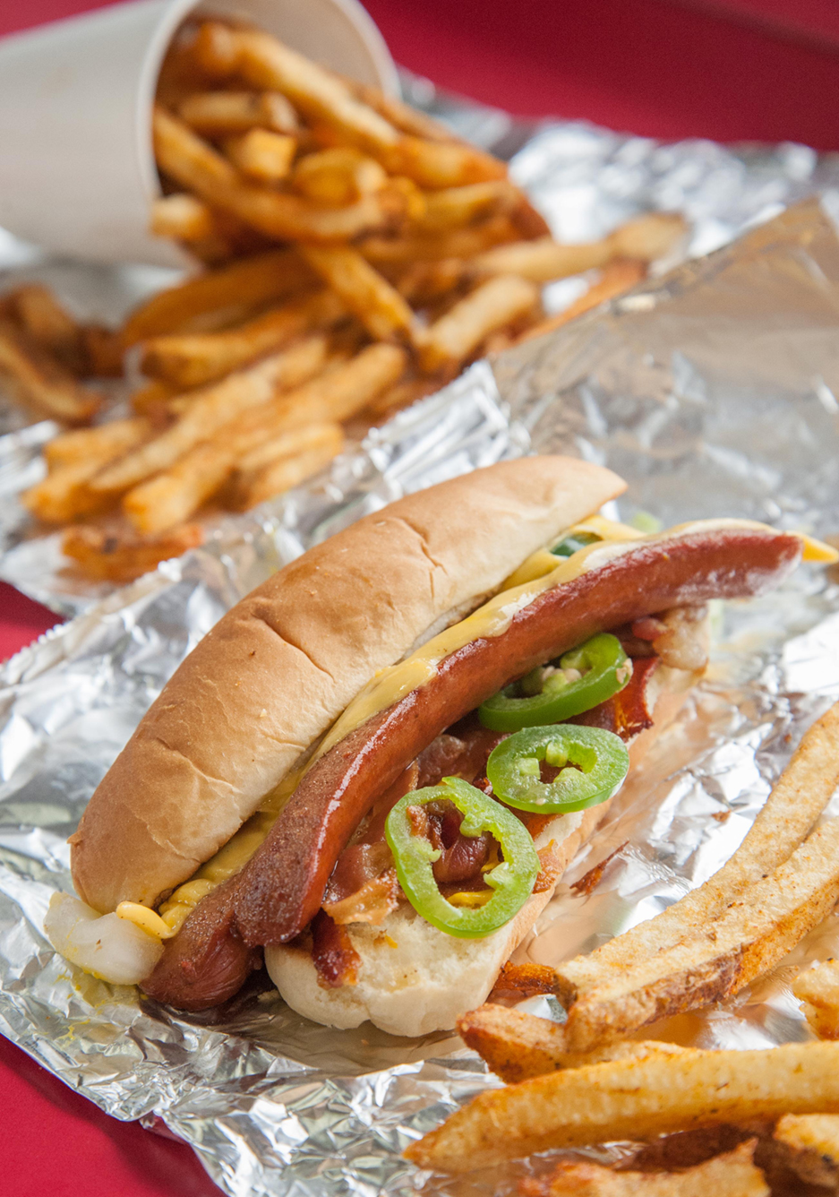 The bacon cheese dog at Five Guys. (Photo by Mark Gilliland)