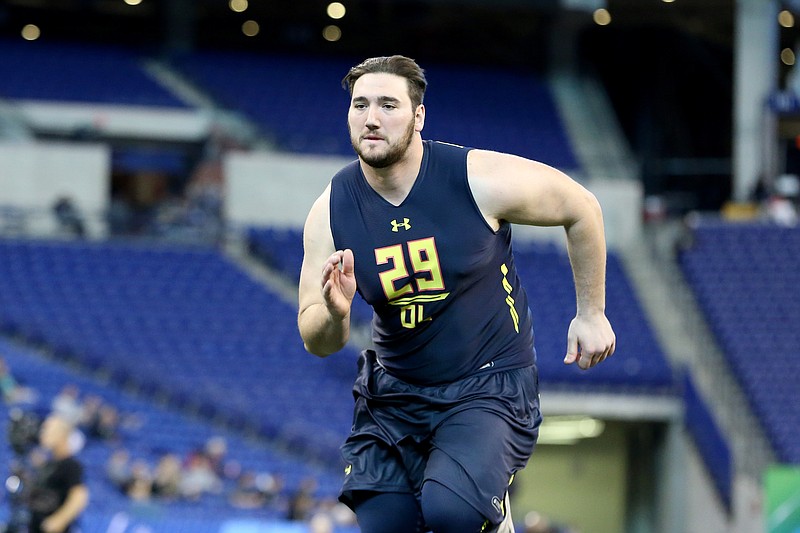 UT-Chattanooga offensive guard Corey Levin competes in a drill at the 2017 NFL football scouting combine Friday, March 3, 2017, in Indianapolis. (AP Photo/Gregory Payan)