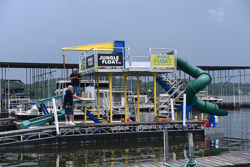 The Jungle Boat, which is docked Friday, May 12, 2017 at Big Ridge Marina, features trampolines and a water slide.