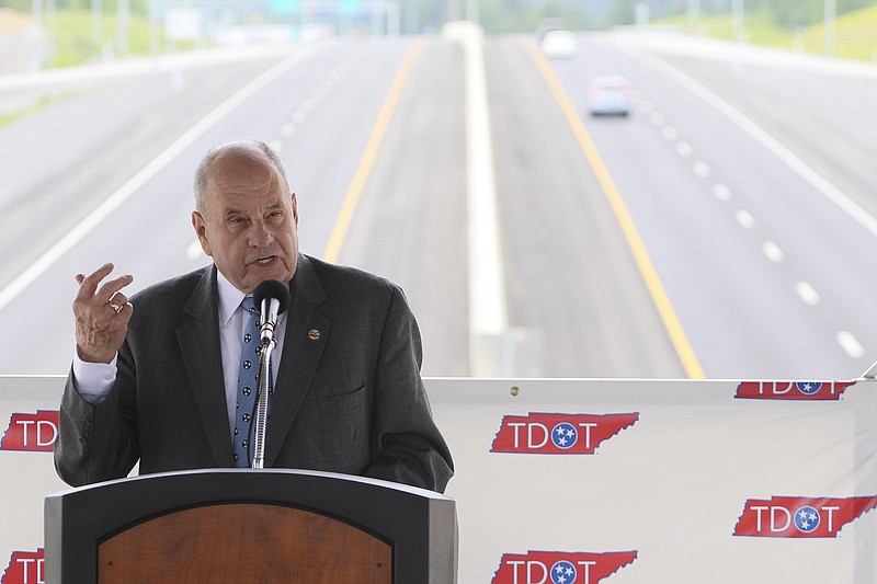 Cleveland Mayor Tom Roland speaks during the grand opening of the new Tom Rowland Interchange in Cleveland, Tenn., on May 12, 2017. 