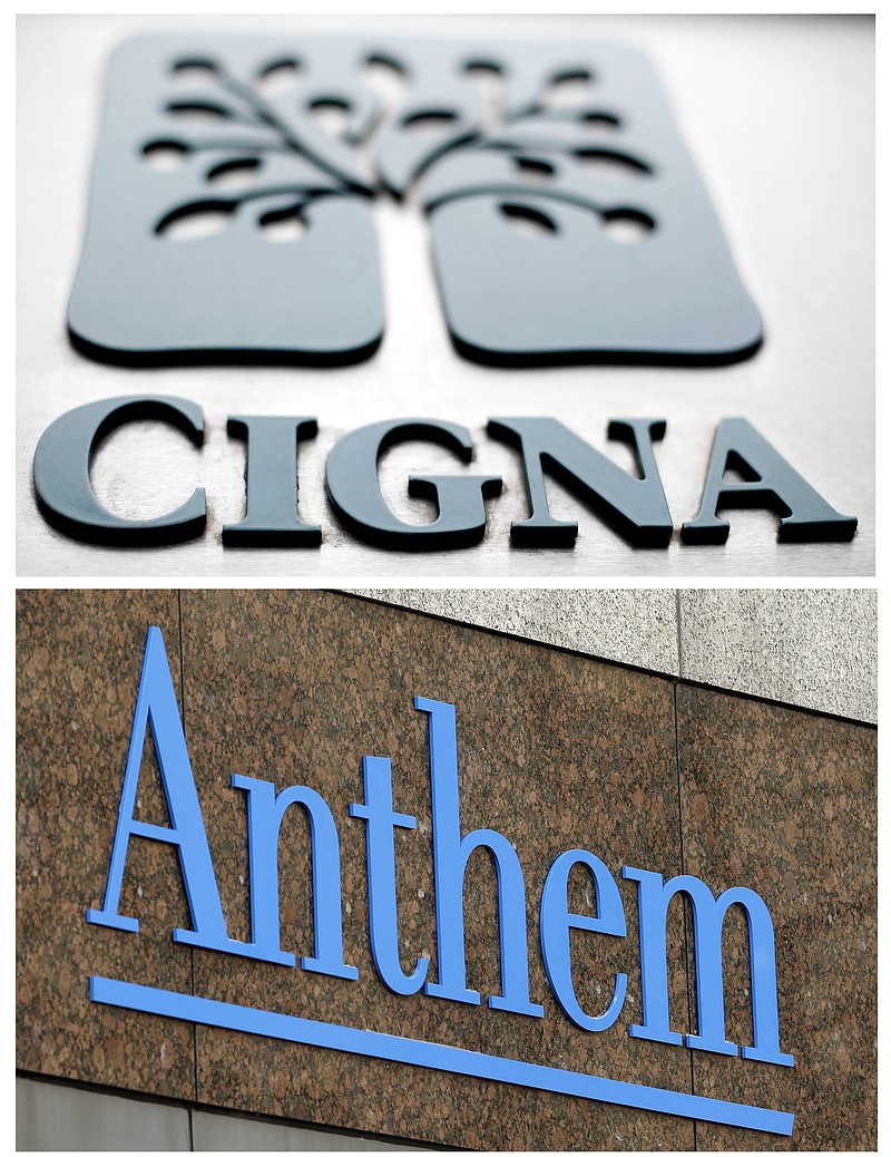 
              FILE - This combo of file photos shows signage for health insurers Cigna Corp., and Anthem Inc. Anthem is finally ending its soured, $48 billion bid to buy rival Cigna, but the nation's second-largest health insurer isn't giving up a fight over whether Cigna deserves a termination fee for the scrapped deal. Anthem says Cigna sabotaged the merger agreement and caused "massive damages" for Anthem, which provides Blue Cross-Blue Shield coverage in several states. (AP Photo/File)
            