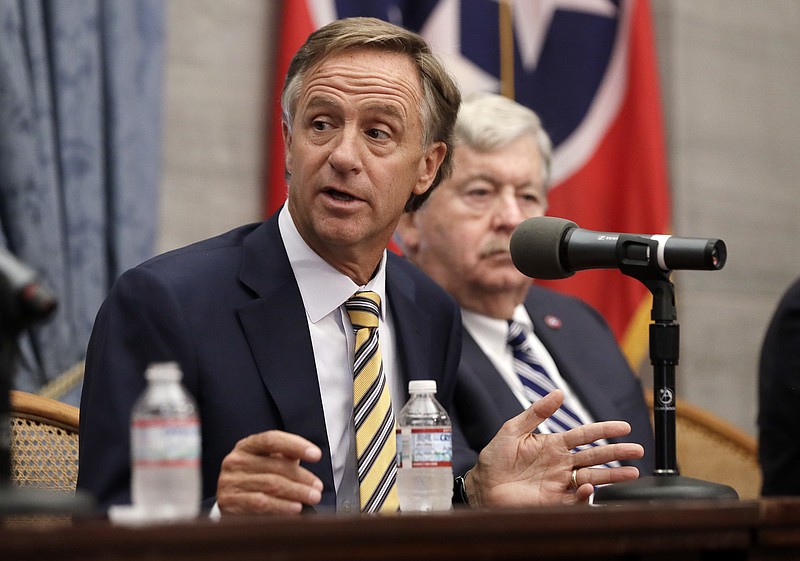 
              Tennessee Gov. Bill Haslam speaks during a news conference on the final day of the legislative session Wednesday, May 10, 2017, in Nashville, Tenn. (AP Photo/Mark Humphrey)
            