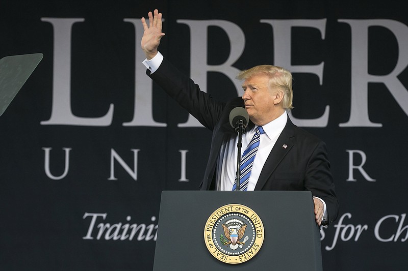 President Donald Trump delivers the commencement address at Liberty University in Lynchburg, Va., May 13, 2017. (Al Drago/The New York Times)