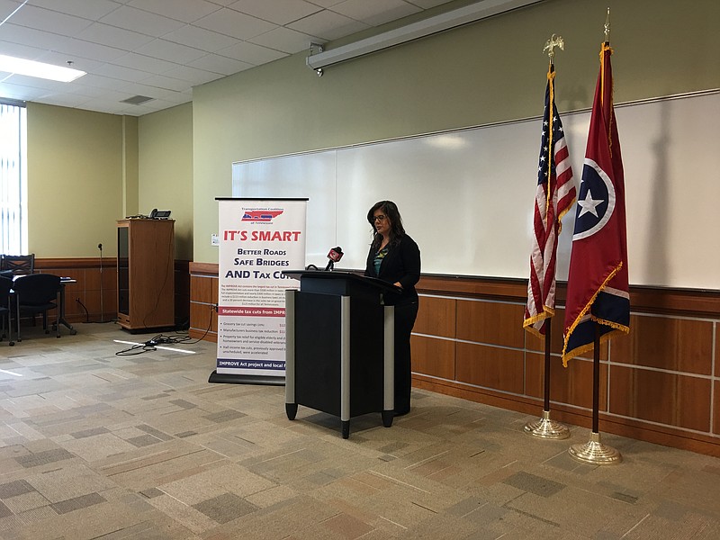 Bridgett Massengill, executive director of Thrive 2055, speaks at a Transportation Coalition of Tennessee news conference on Monday.