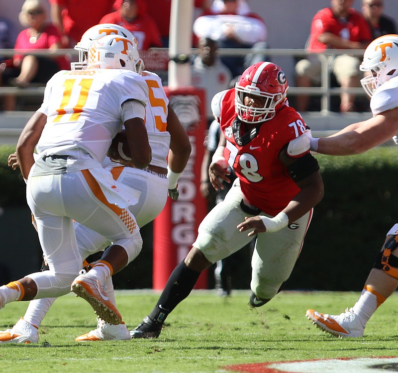 Georgia defensive tackle Trenton Thompson, shown here last season against Tennessee, is returning to school this summer, according to second-year Bulldogs coach Kirby Smart.