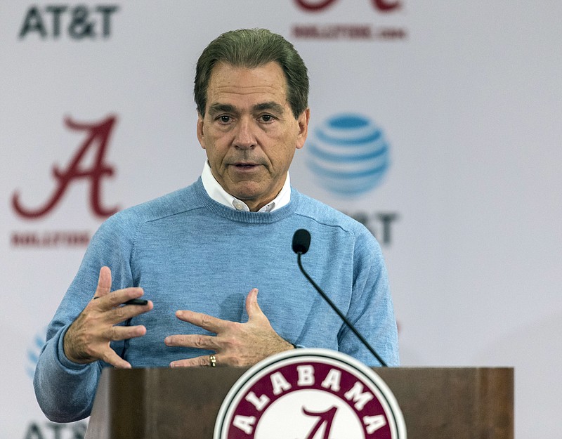 
              FILE - In this Jan. 13, 2017, file photo, Alabama NCAA college football coach Nick Saban speaks to the media in Tuscaloosa, Ala. Southeastern Conference coaches are eager to see the impact an early signing period will have on recruiting, even though a number of them were against the change. Saban had expressed his opposition to an early signing period in the past, and he noted Monday, May 15, 2017 that it could limit opportunities for prospects who take big steps forward in their development as seniors. (Vasha Hunt/AL.com via AP, File)
            