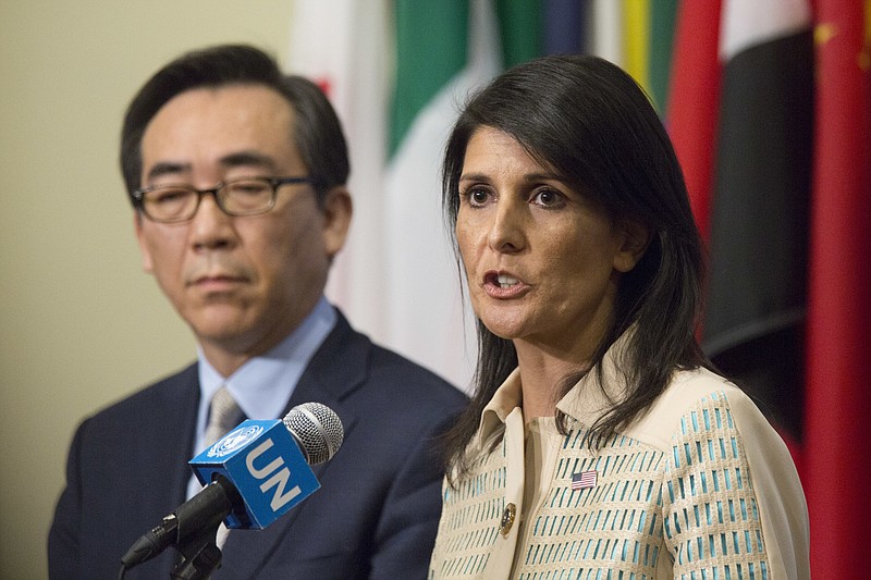 
              U.S. Ambassador to the United Nations Nikki Haley, right, is joined by Korean Ambassador Tae-yul Cho as she speak to reporters before a Security Council meeting on the situation in North Korea, Tuesday, May 16, 2017 at United Nations headquarters. (AP Photo/Mary Altaffer)
            