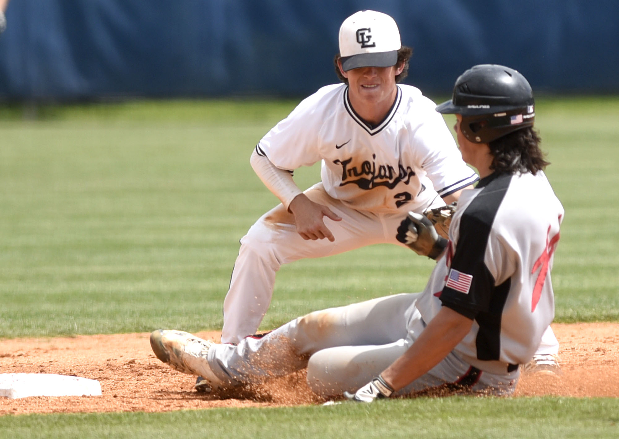 Gordon Lee second baseman Kobie Cowan tags out Charlton County's Austin Knowles on an attempted steal Wednesday at Gordon Lee. The teams split a doubleheader to start their GHSA Class A public state semifinal series, sending it to a deciding game at 3 p.m. today. The Trojans won the first game 4-3, but the Indians won 3-1 in the second game.