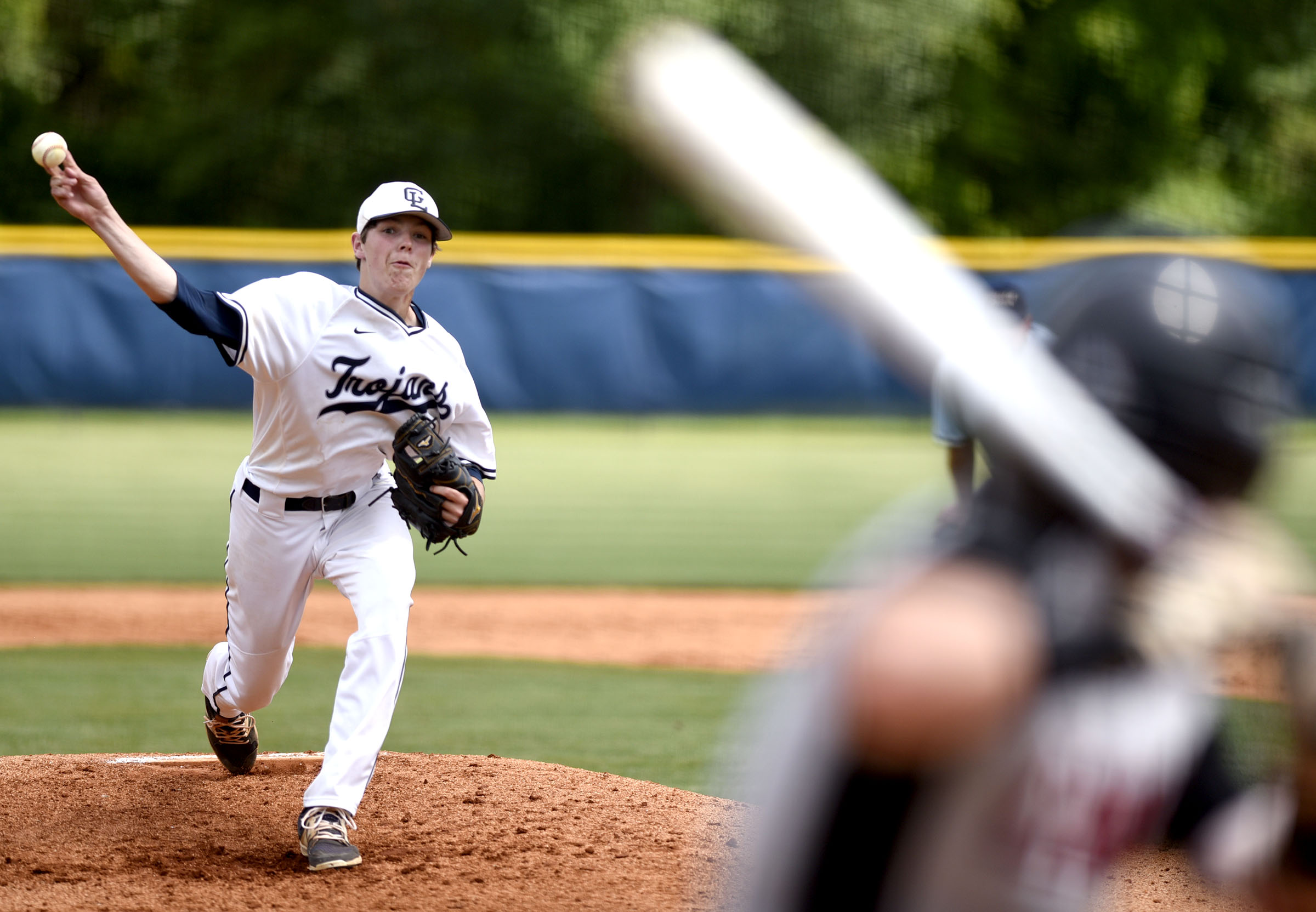 Gordon Lee Pitcher Austin Thompson (6) throws to the plate while a Charlton County players awaits the pitch. The Charlton County Indians visited the Gordon Lee Trojans in the Georgia State Baseball Tournament Semifinals on May 17, 2017.