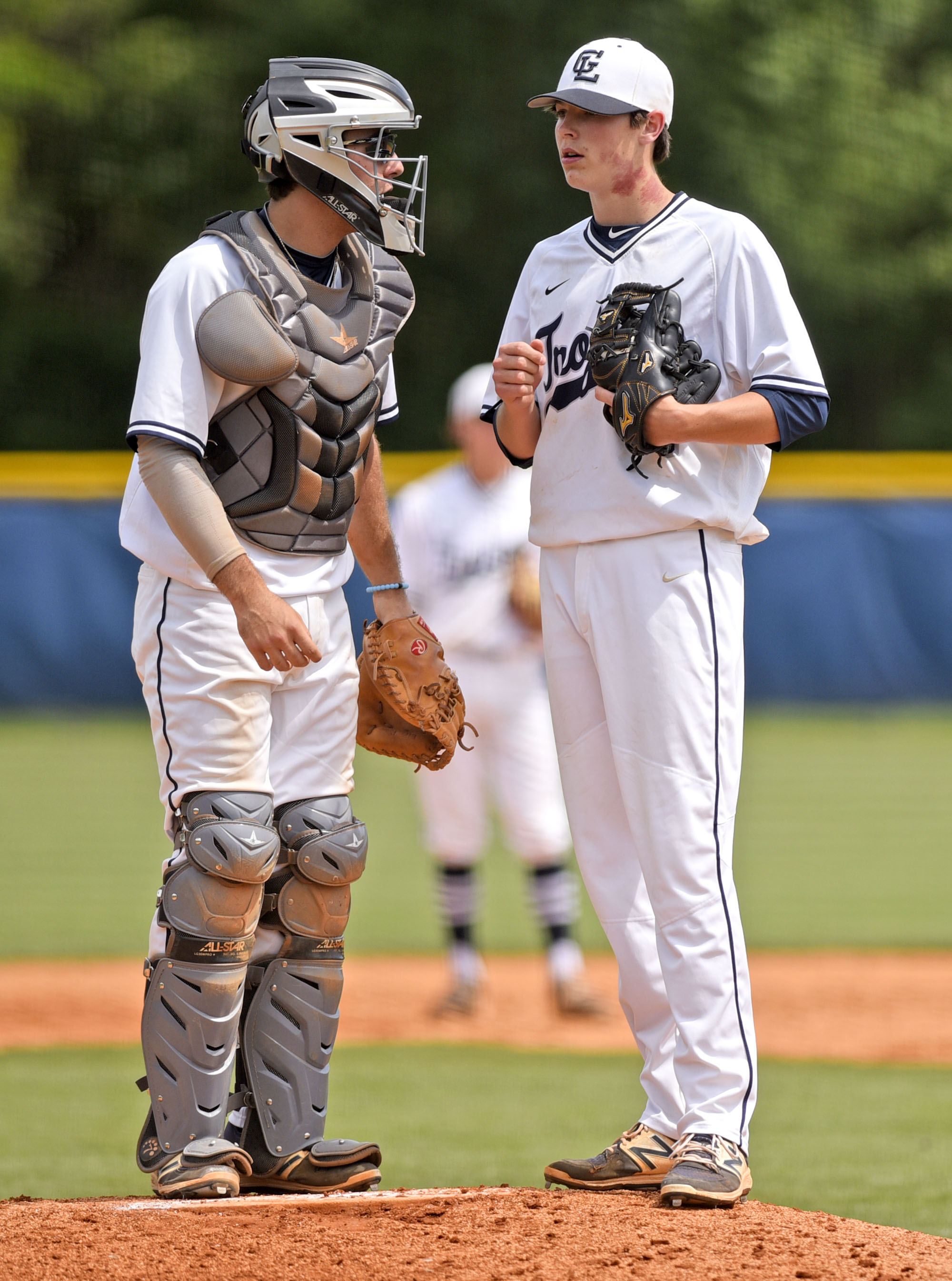 Gordon Lee catcher Dylan Minghini (22) talks to pitcher Austin Thompson (6). The Charlton County Indians visited the Gordon Lee Trojans in the Georgia State Baseball Tournament Semifinals on May 17, 2017.