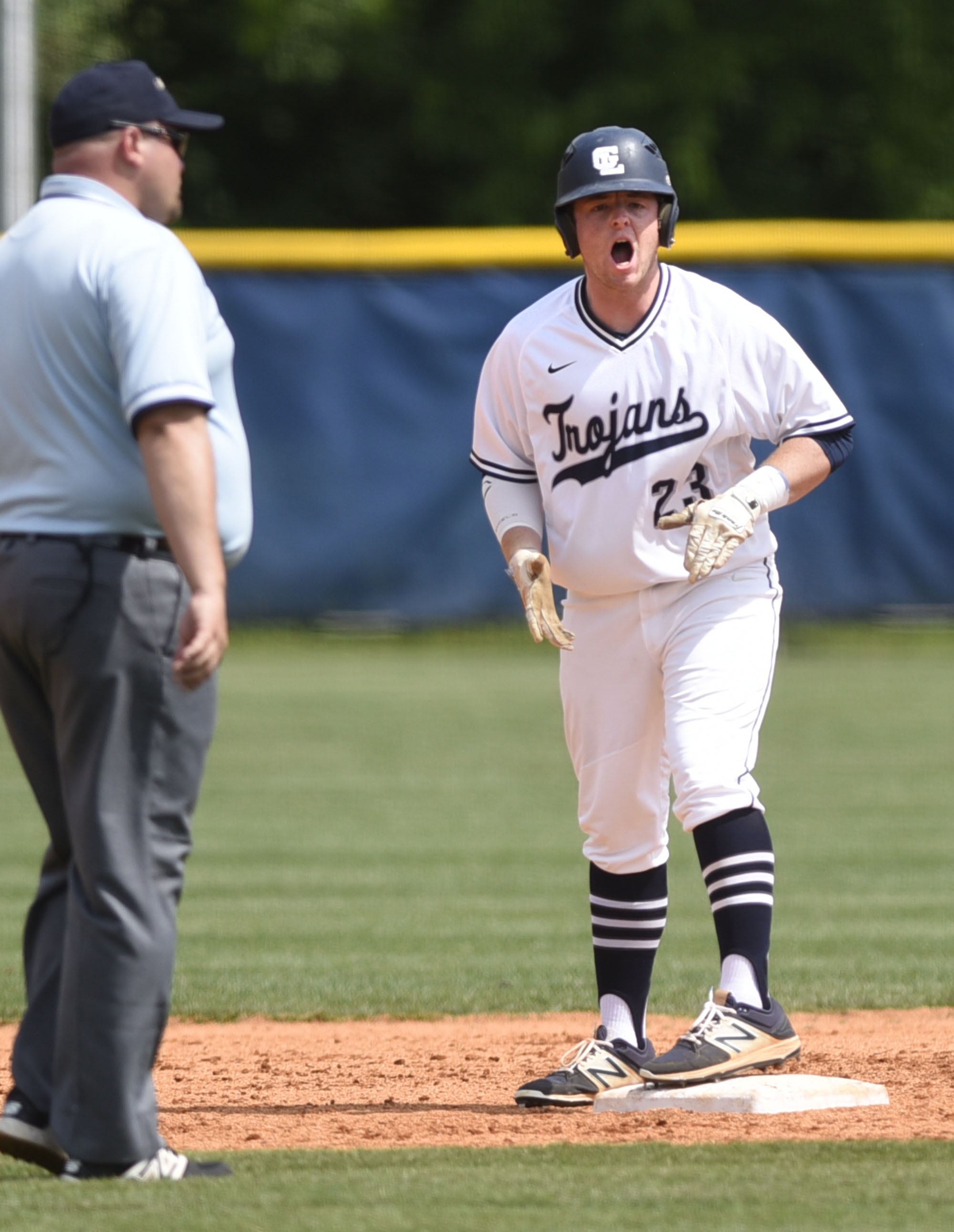 Gordon Lee's Drew McDaniel (23) celebrates his double. The Charlton County Indians visited the Gordon Lee Trojans in the Georgia State Baseball Tournament Semifinals on May 17, 2017.
