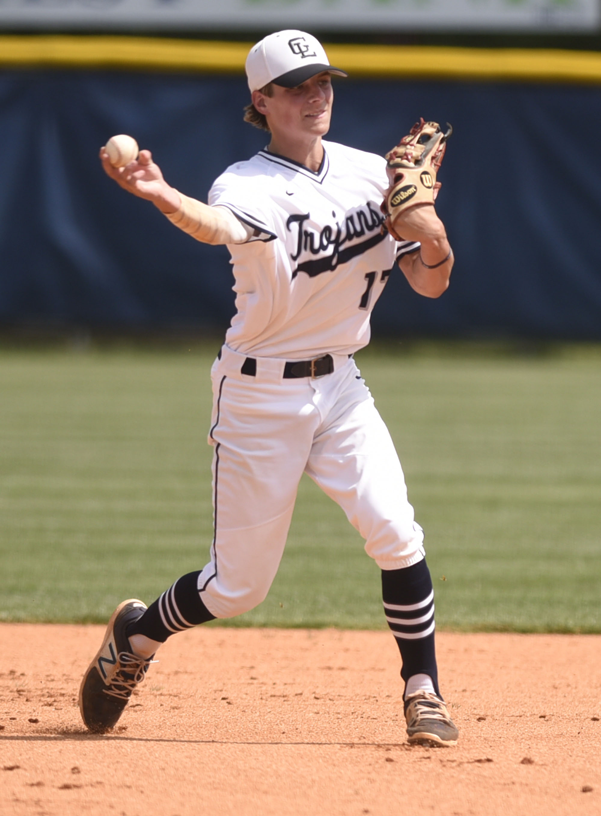 Gordon Lee 2nd baseman Hunter Hodson (17) throws a Charlton County runner out. The Charlton County Indians visited the Gordon Lee Trojans in the Georgia State Baseball Tournament Semifinals on May 17, 2017.