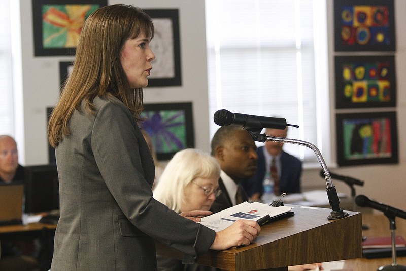 Tennessee Education Commissioner Candice McQueen addresses the Hamilton County Board of Education during a meeting on Thursday, May 18, 2017, in Chattanooga, Tenn. McQueen presented a partnership school district plan to the board to with the goal of improving Hamilton County's lowest performing schools.