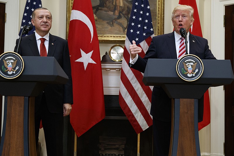 
              President Donald Trump, accompanied byTurkish President Recep Tayyip Erdogan, speaks in the Roosevelt Room of the White House in Washington Tuesday, May 16, 2017. (AP Photo/Evan Vucci)
            