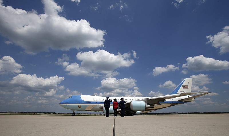 
              Air Force One with President Donald Trump aboard, taxis for takeoff at Andrews Air Force Base, Md., Friday, May 19, 2017. Trump is departing for his first overseas trip. (AP Photo/Alex Brandon)
            