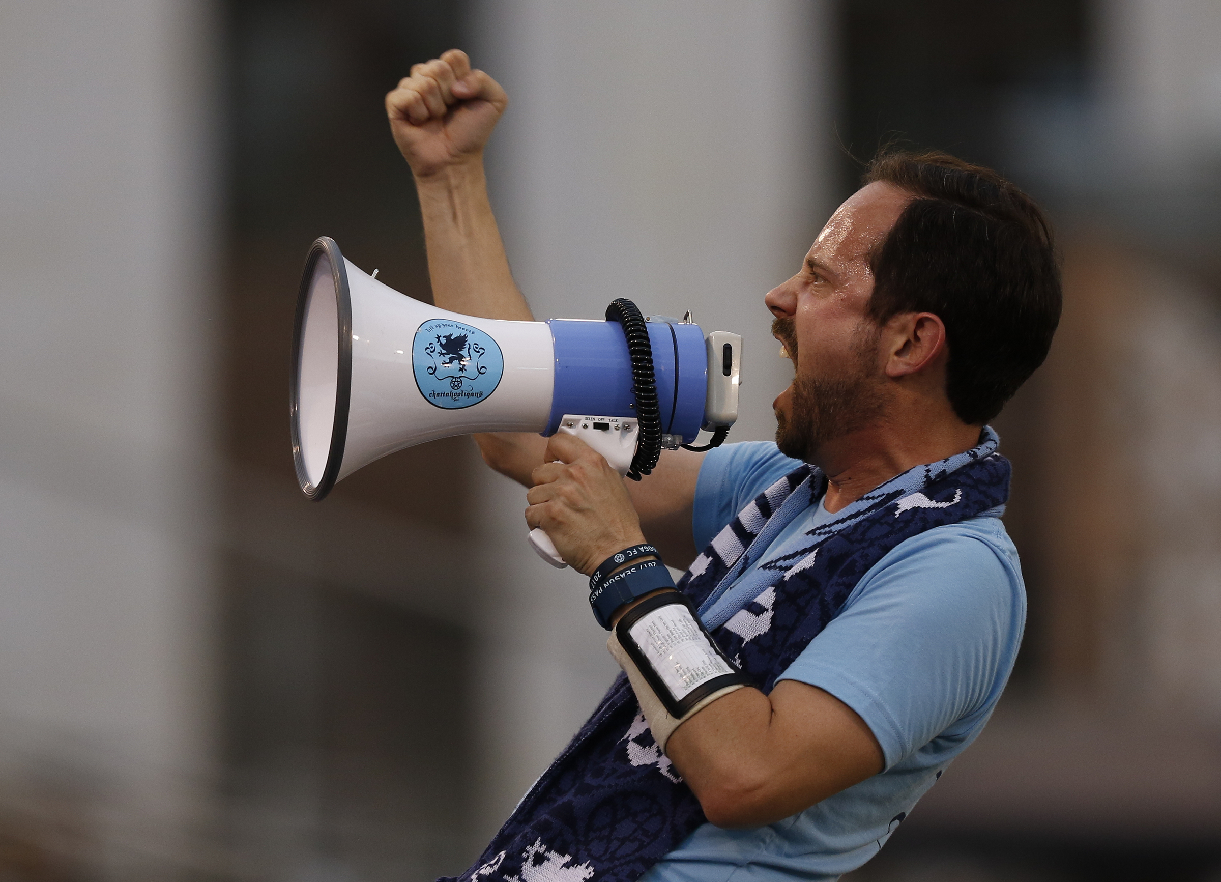 Galen Riley leads the Chattahooligans during Chattanooga FC's home opener against the Birmingham Hammers at Finley Stadium on Saturday, May 20, 2017, in Chattanooga, Tenn.