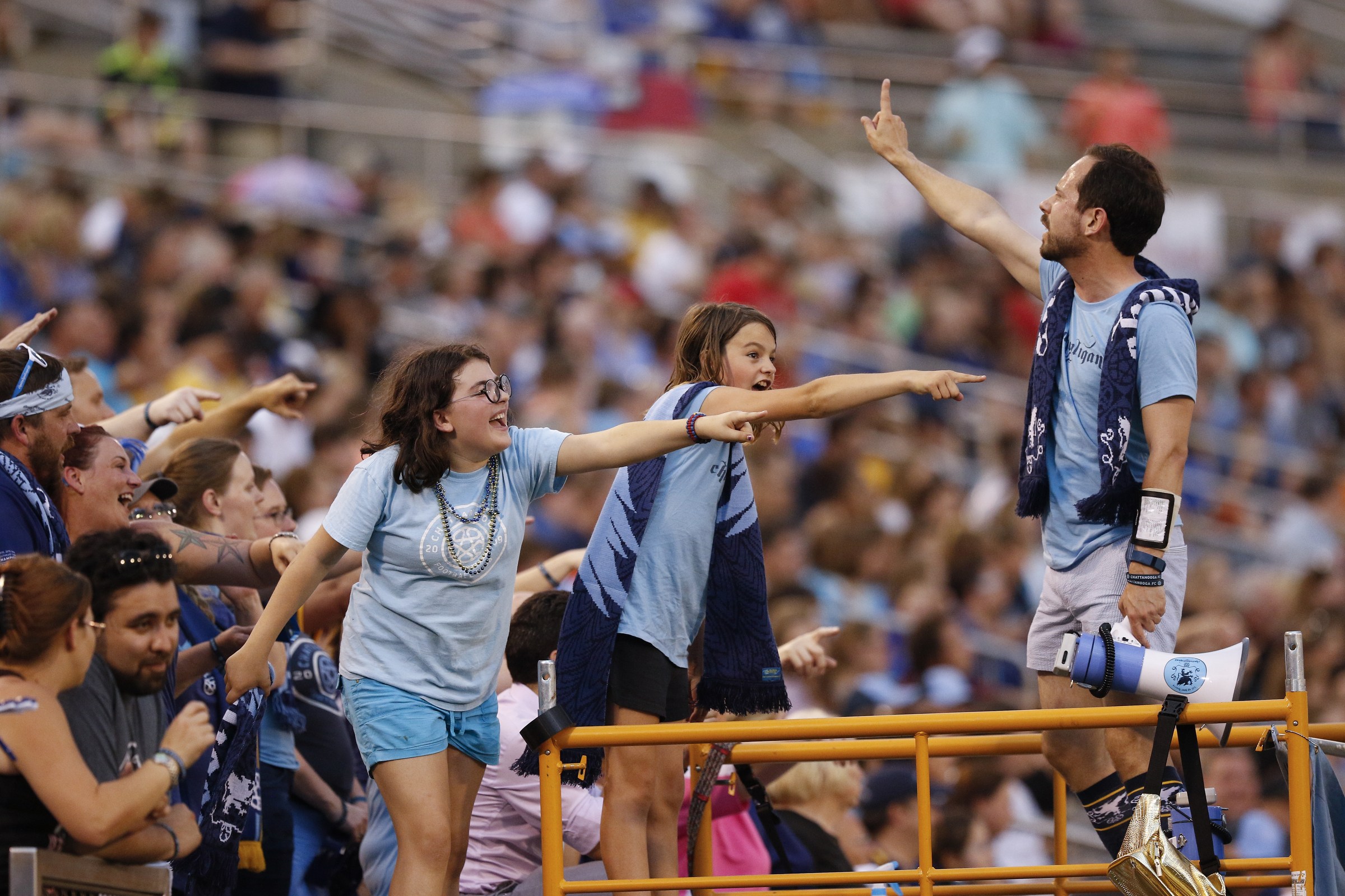 The Chattahooligans cheer during Chattanooga FC's home opener against the Birmingham Hammers at Finley Stadium on Saturday, May 20, 2017, in Chattanooga, Tenn.