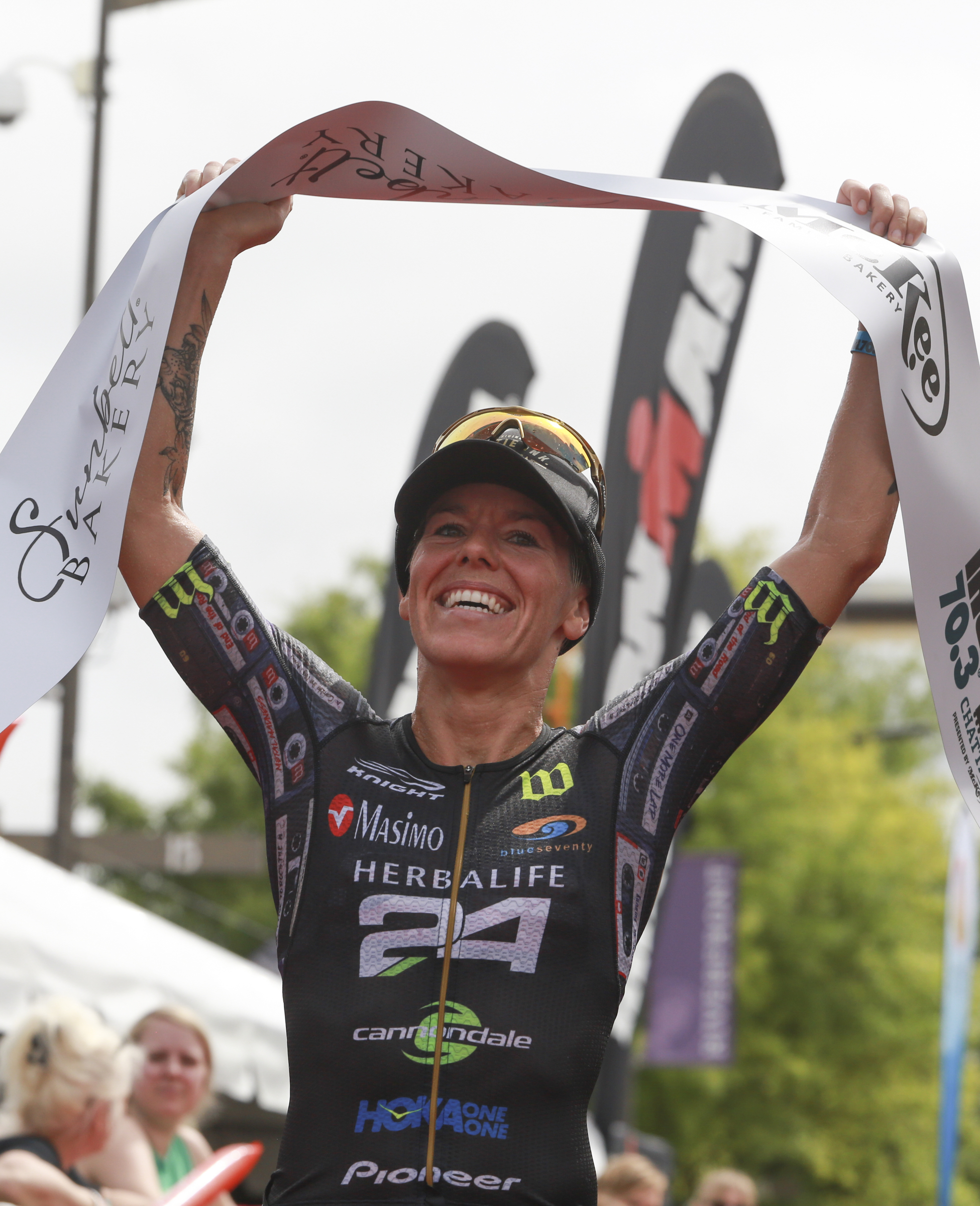 Heather Jackson takes the win for the second year in a row during the Sunbelt Bakery IRONMAN 70.3 Chattanooga triathlon presented by McKee A Family Bakery in downtown Chattanooga on Sunday, May 21, 2017. Photo by Dan Henry | DanHenryPhotography.com