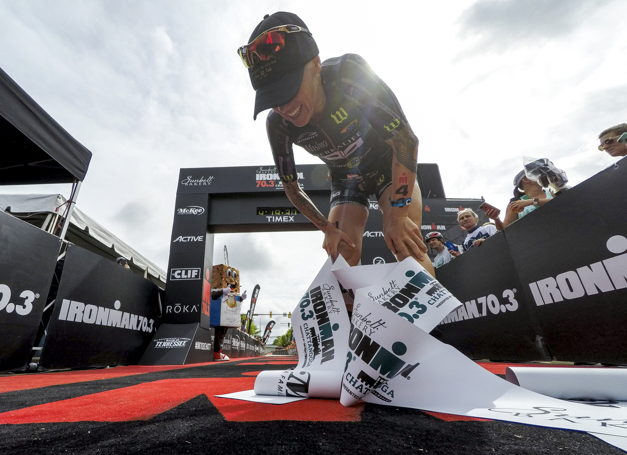 Heather Jackson takes the win for the second year in a row during the Sunbelt Bakery IRONMAN 70.3 Chattanooga triathlon presented by McKee A Family Bakery in downtown Chattanooga on Sunday, May 21, 2017. Photo by Dan Henry | DanHenryPhotography.com