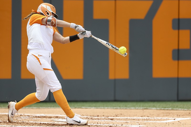 Tennessee's Chelsea Seggern makes contact during Sunday's 3-0 win against Longwood in an NCAA regional at Lee Stadium in Knoxville. The Vols won all three of their games in the double-elimination event — which included Ohio State and the University of South Carolina-Upstate — and will host a super regional against Texas A&M this week. (Photo: Austin Perryman/University of Tennessee Athletics)