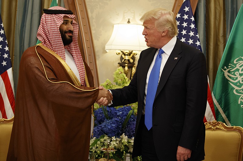
              President Donald Trump shakes hands with Saudi Deputy Crown Prince and Defense Minister Mohammed bin Salman during a bilateral meeting, Saturday, May 20, 2017, in Riyadh. (AP Photo/Evan Vucci)
            