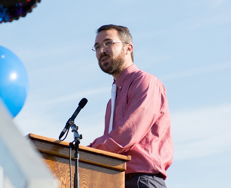 Ringgold Mayor Nick Millwood speaks at the "Be the Good" kickoff pep rally attended by all Ringgold's feeder schools.