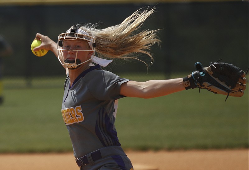 Central's Brooke Parrott pitches during their Lady Trojan Invitational softball tournament silver game against East Hamilton at Warner Park on Saturday, April 15, 2017, in Chattanooga, Tenn.