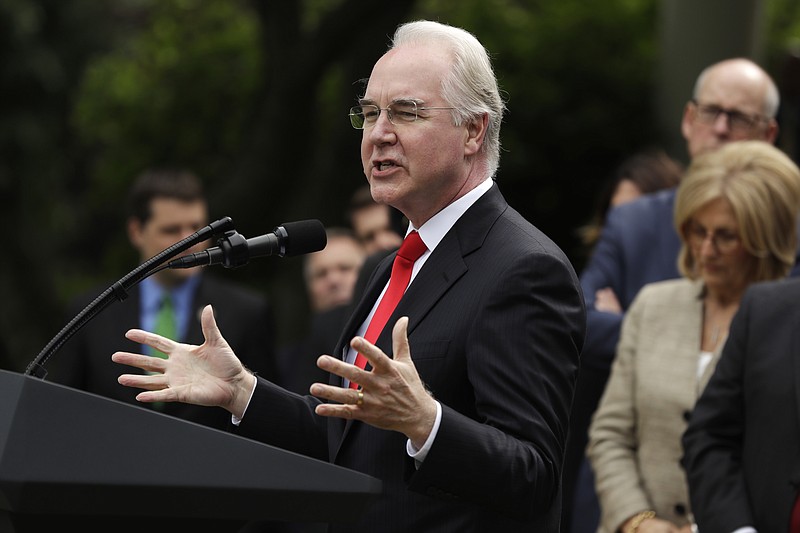 
              FILE - In this Thursday, May 4, 2017, file photo, Health and Human Services Secretary Tom Price speaks in the Rose Garden of the White House in Washington, after the House pushed through a health care bill. On May 9, 2017, Price said, “If we just simply substitute buprenorphine or methadone or some other opioid-type medication for the opioid addiction, then we haven't moved the dial much.” But in an opinion piece published May 17 in the Charleston Gazette-Mail, he twice mentioned his agency’s support for medication-assisted treatment. (AP Photo/Evan Vucci, File)
            