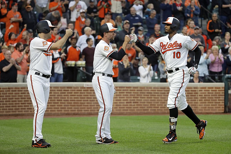 
              Baltimore Orioles' Seth Smith, left, and J.J. Hardy greet teammate Adam Jones after scoring on his three-run home run in the second inning of a baseball game against the Minnesota Twins in Baltimore, Monday, May 22, 2017. (AP Photo/Patrick Semansky)
            