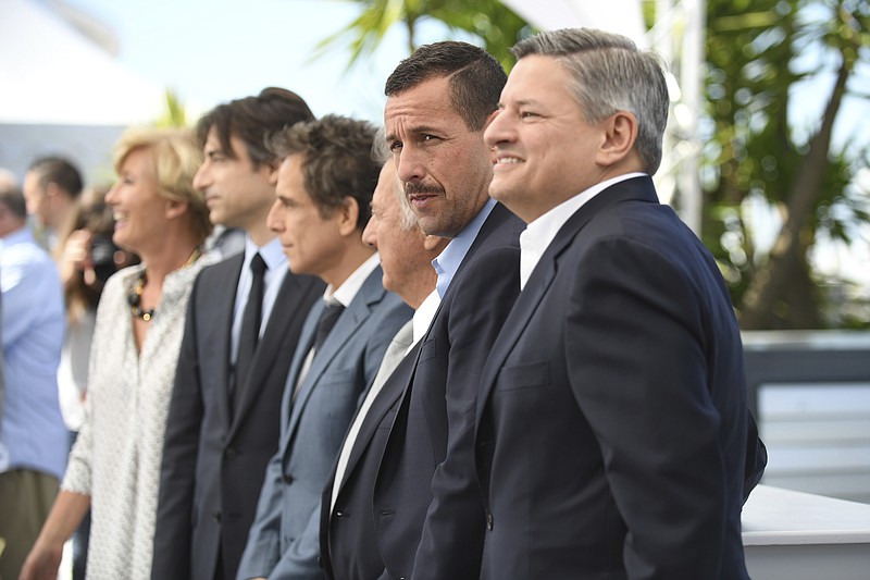 
              Actress Emma Thompson, from left, director Noah Baumbach, actors Ben Stiller, Dustin Hoffman, Adam Sandler and Netflix CEO Ted Sarandos pose for photographers during the photo call for the film The Meyerowitz Stories at the 70th international film festival, Cannes, southern France, Sunday, May 21, 2017. (Photo by Arthur Mola/Invision/AP)
            