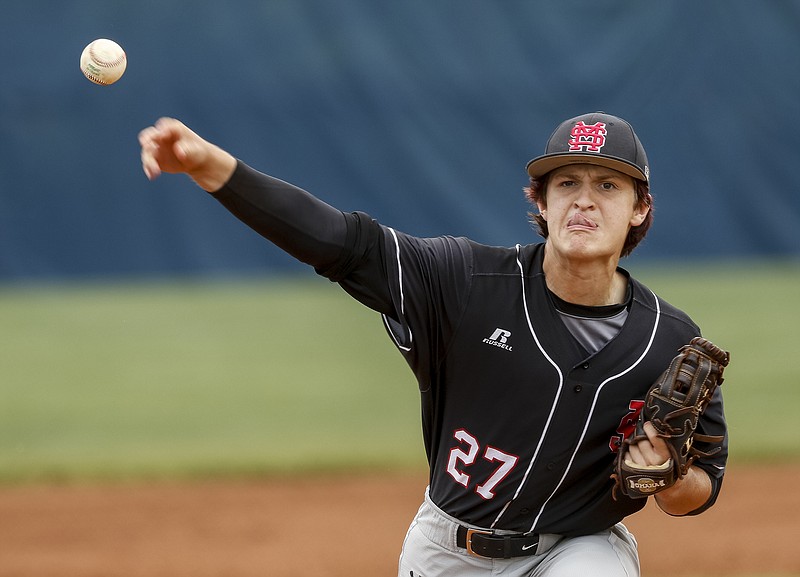 Signal Mountain pitcher Collin Farr pitches during their prep baseball game at Chattanooga Christian School on Saturday, May 13, 2017, in Chattanooga, Tenn.