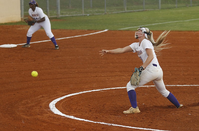 Central's Brooke Parrott pitches during their prep softball game against Red Bank at Central High School on Thursday, April 20, 2017, in Chattanooga, Tenn.