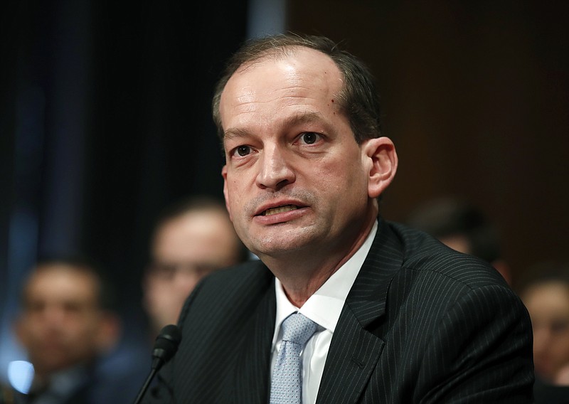 
              FILE - In this March 22, 2017, file photo, then-Labor secretary-designate Alexander Acosta testifies on Capitol Hill in Washington. The Trump administration is allowing to go forward an Obama-era rule that puts stricter requirements on professionals who advise retirement savers on their investments. But it's leaving open the possibility that deep changes to the rule will still be made. Acosta, President Donald Trump's new labor secretary, said Tuesday, May 23, 2017, the department has decided not to delay the rule while it seeks public input on how to change it. (AP Photo/Manuel Balce Ceneta, File)
            