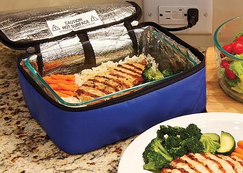 The $40 HotLogic Mini Personal Portable Oven uses an aluminum-lined, insulated tote and a heating platform to cook and reheat food in metal, plastic, glass, cardboard and ceramic containers.