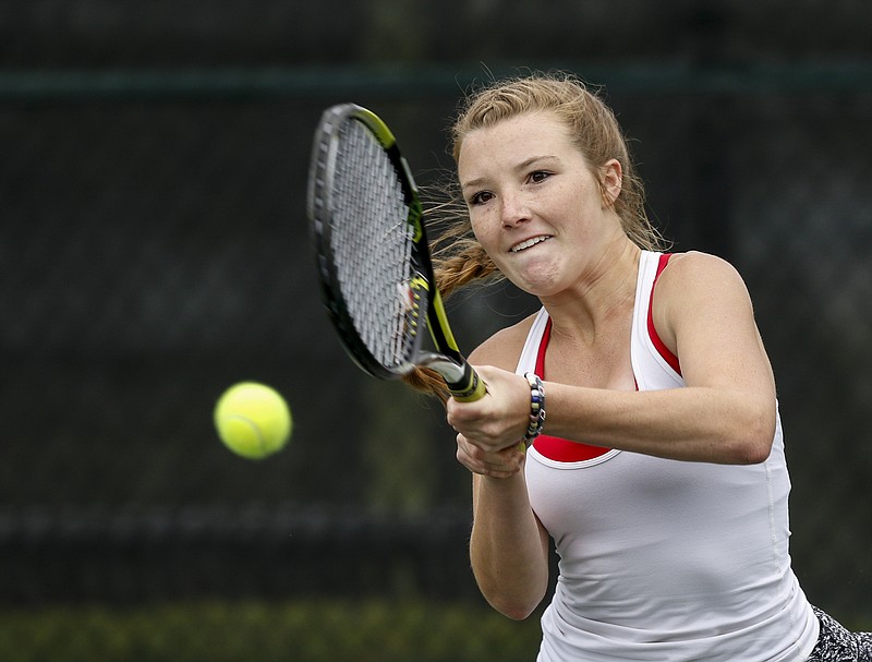 Baylor's Lauren Carelli returns the ball during her TSSAA Division II Class AA state girls team tennis championship match against GPS on Wednesday, May 24, 2017, in Murfreesboro, Tenn. Baylor won their 7th straight team tennis championship.