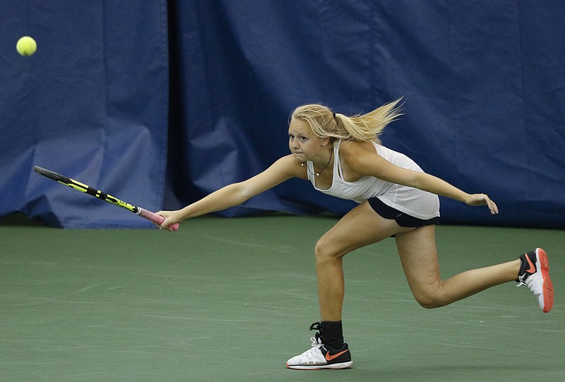 CCS's Olivia Underwood returns the ball during her TSSAA Class A-AA state girls team tennis championship match against Knoxville Catholic on Wednesday, May 24, 2017, in Murfreesboro, Tenn. Baylor won their 7th straight team tennis championship.