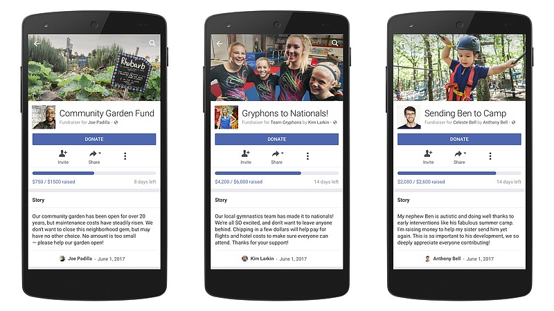 
              This photo provided by Facebook shows examples of fundraisers available on Facebook, displayed on a smartphone. Facebook is expanding its fundraising tools that let users ask friends and strangers to give them money to help pay for education, medical or other expenses. (Courtesy of Facebook via AP)
            