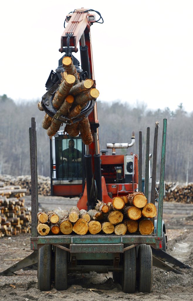 Softwood lumber is unloaded at Murray Brothers Lumber Company woodlot in Madawaska, Ontario on Tuesday, April 25, 2017. The upper Midwest timber industry is welcoming the Trump administration's announcement that it's imposing tariffs averaging 20 percent on softwood lumber entering the United States from Canada. (Sean Kilpatrick/The Canadian Press via AP)