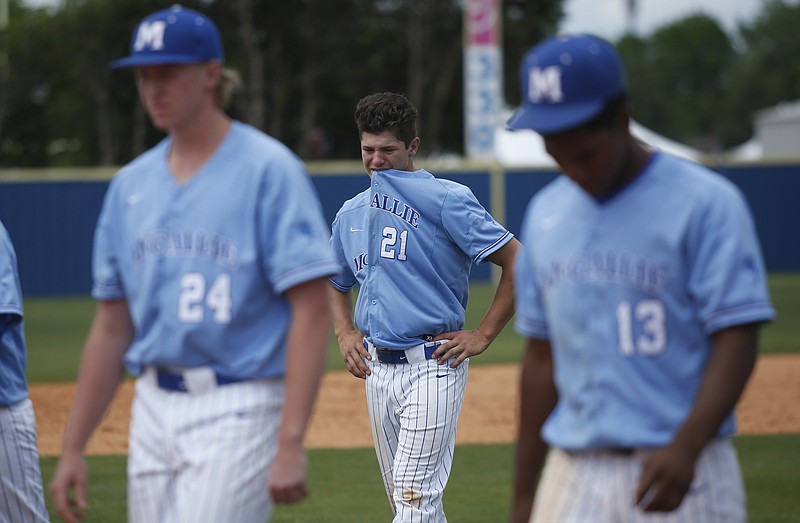 McCallie player Dane Beard bites his jersey after their TSSAA Division II state baseball tournament championship loss to Brentwood Academy on Thursday, May 25, 2017, in Murfreesboro, Tenn. McCallie took the state runner-up title after Brentwood won 6-5.