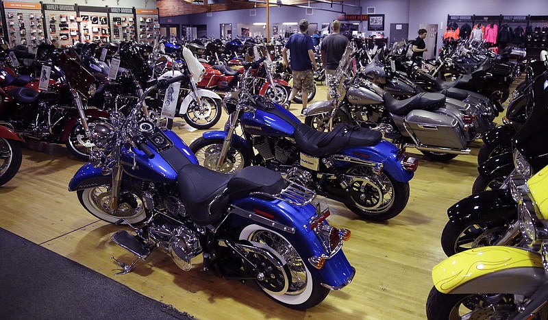 
              In this Monday, April 24, 2017, photo, Harley-Davidson motorcycles are displayed on the showroom floor at the Motorcycles of Manchester dealership in Manchester, N.H. On Friday, May 26, 2017, the Commerce Department releases its April report on durable goods. (AP Photo/Charles Krupa)
            